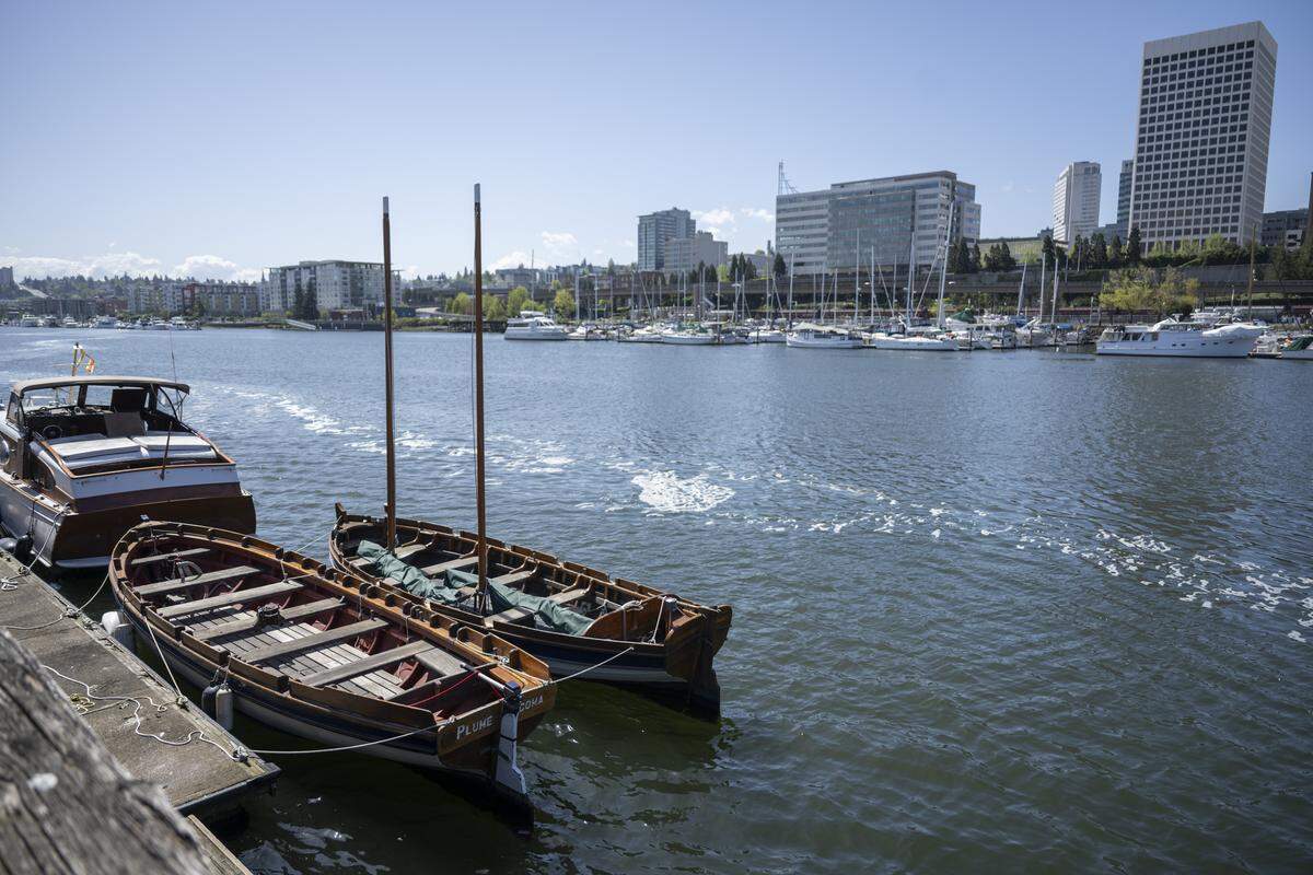 Two boats in the Tacoma Boat Builders' fleet, front, are secured to the Petrich Marine Dock on Friday, April 24, 2026, along the Thea Foss Waterway in Tacoma, Wash.