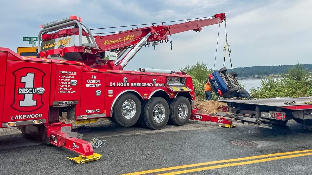 West Pierce Fire & Rescue released this photo Saturday morning as emergency crews worked to retrieve a vehicle after its driver drove over an embankment at 31st Street West and Lemons Beach Road West in University Place.