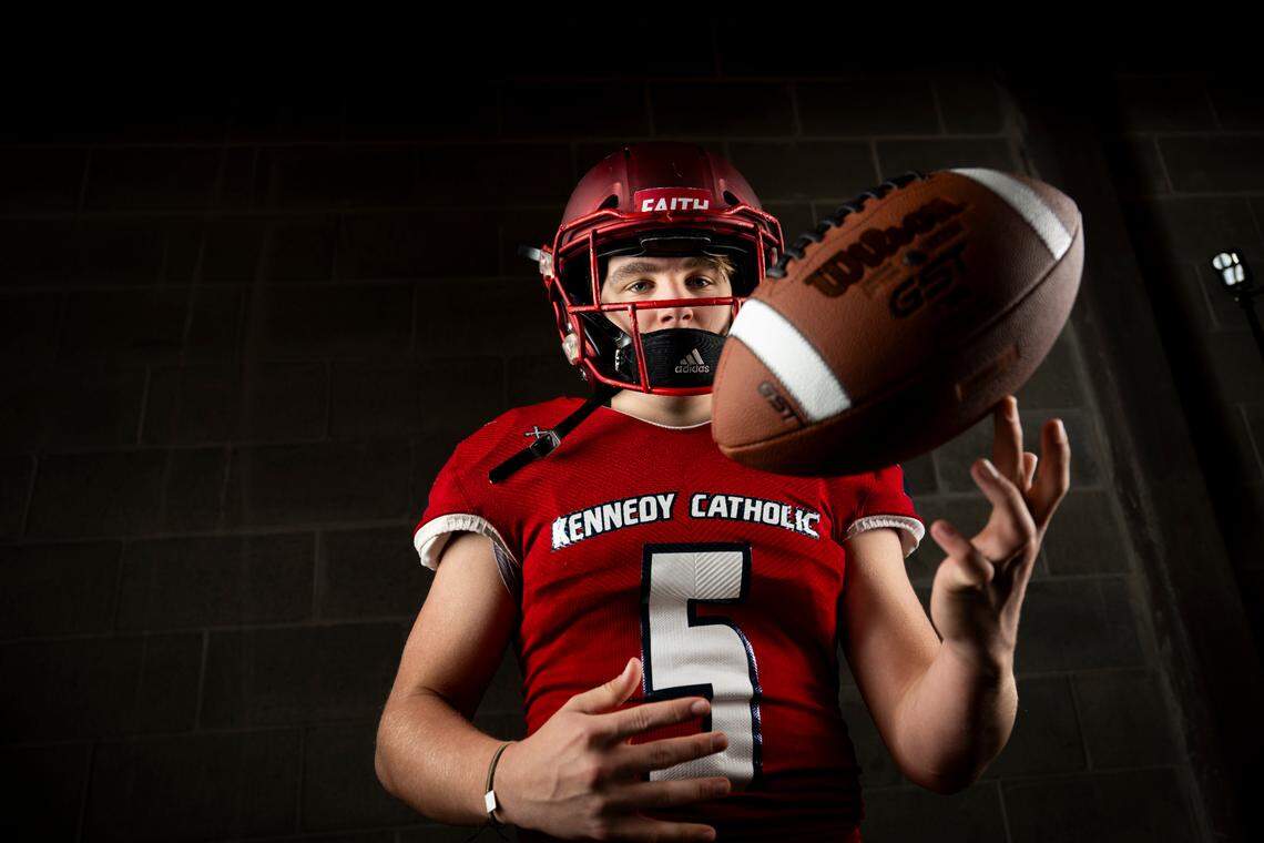 Kennedy Catholic junior running back Indiana Jones poses for a portrait after being selected as first-team offense for The News Tribune’s 2023 All-Area football team at Mount Tahoma High School, on Sunday, Dec. 10, 2023, in Tacoma, Wash.