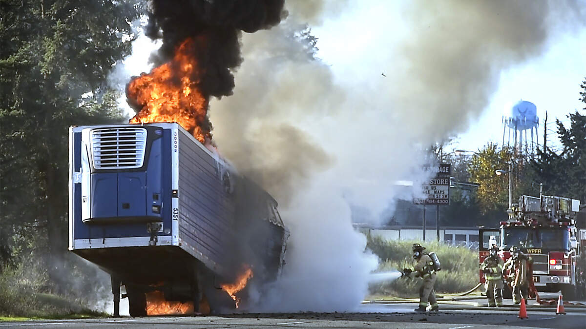Burning semi truck on I-5 causing traffic backups in Lakewood | Tacoma ...