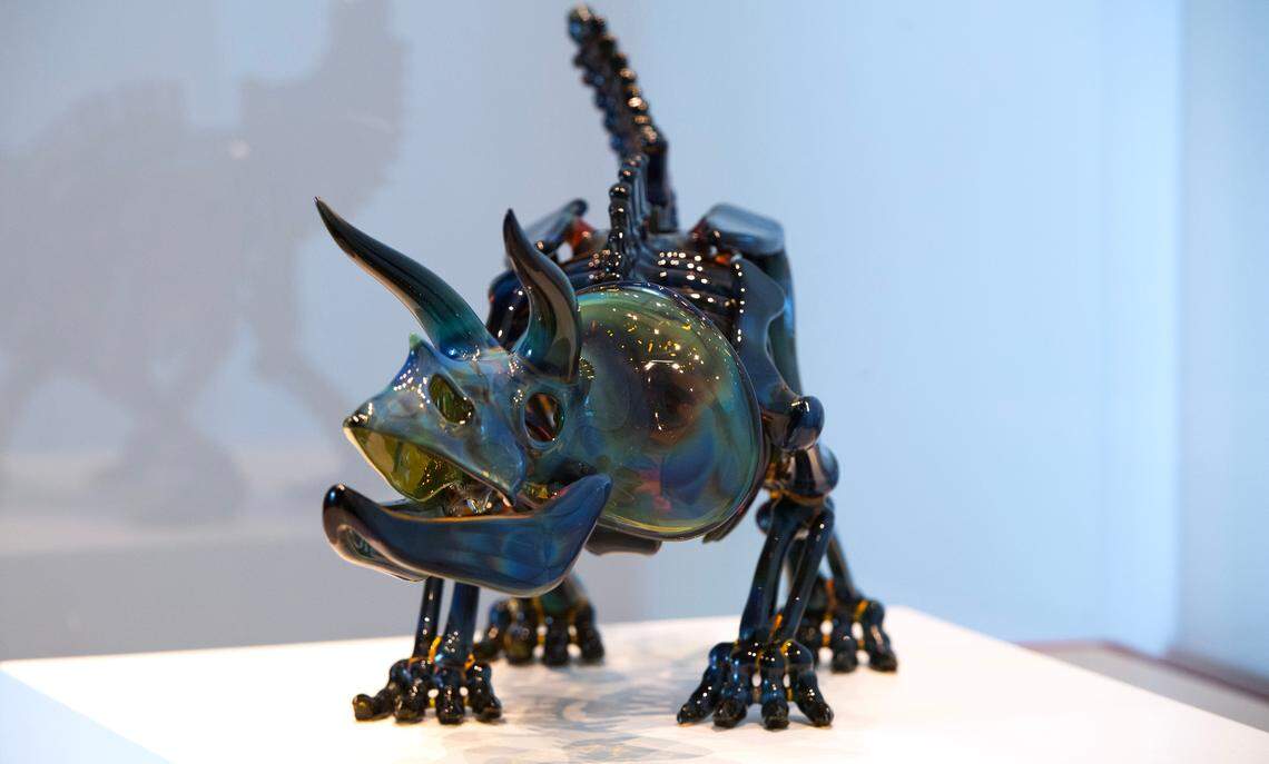 Triceratops glass pipe by Oregon artist Ryan “Buck” Harris recently added to the collection at the Museum of Glass in downtown Tacoma, Washington, shown on Wednesday, April 17, 2024. Glass pipe artists from around the Pacific Northwest will gather to celebrate and create new glass artworks at the “Chronic Heat: A Joint Venture” exhibit April 20-21.