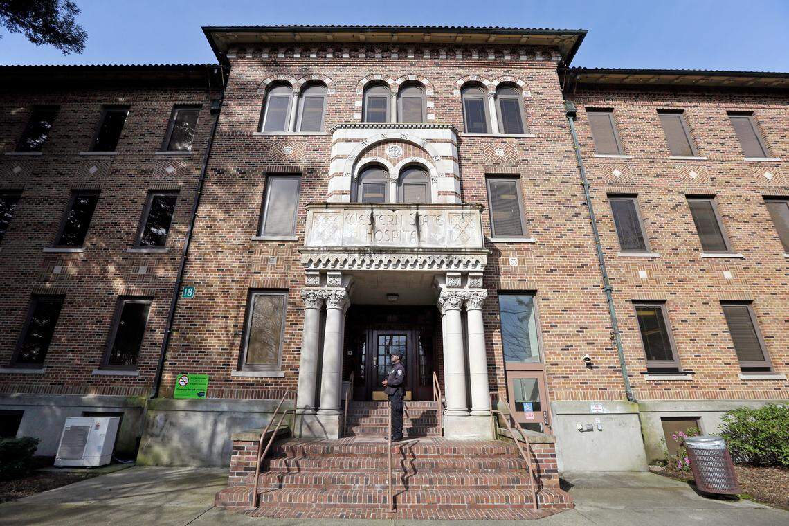 In this file photo taken April 11, 2017, a security officer stands on steps at the entrance to Western State Hospital in Lakewood.
