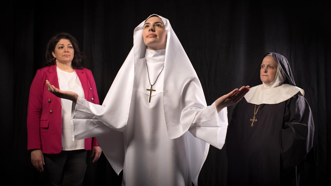 Maria Valenzuela (from left), Cecilia Lewis and Laurie Sifford star next month in the taut mystery “Agnes of God” at the Dukesbay Theater in the Merlino Arts Center.