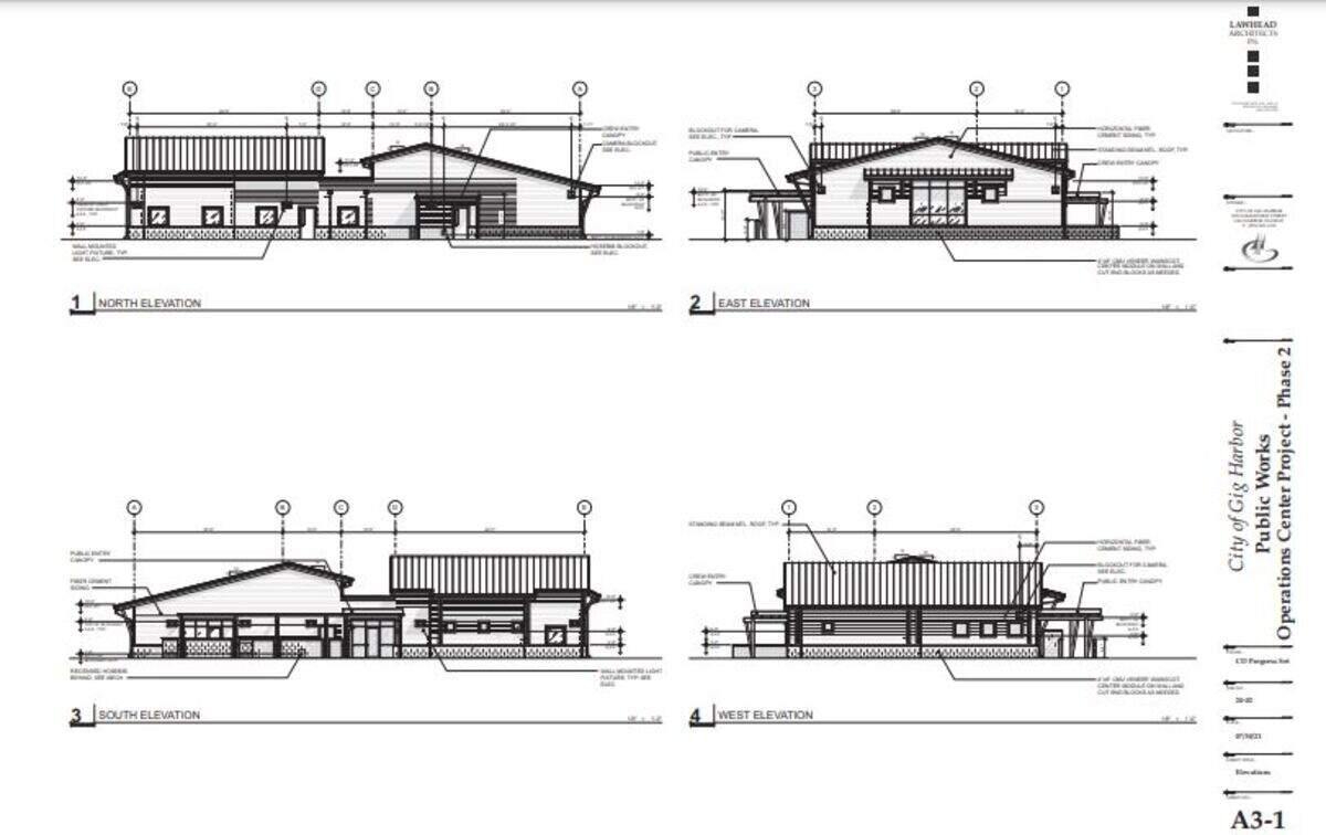 These building elevations are from the 2021 construction plans for Gig Harbor’s new Operations Center Building, which is expected to be ready by spring 2024.