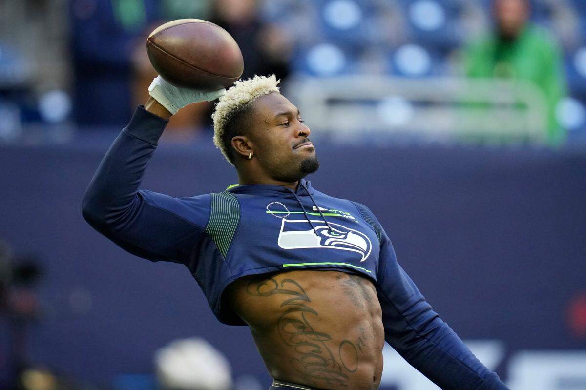 Seattle Seahawks wide receiver DK Metcalf (14) prepares for an NFL football game against the Houston Texans, Sunday, Dec. 12, 2021, in Houston. (AP Photo/Eric Christian Smith)