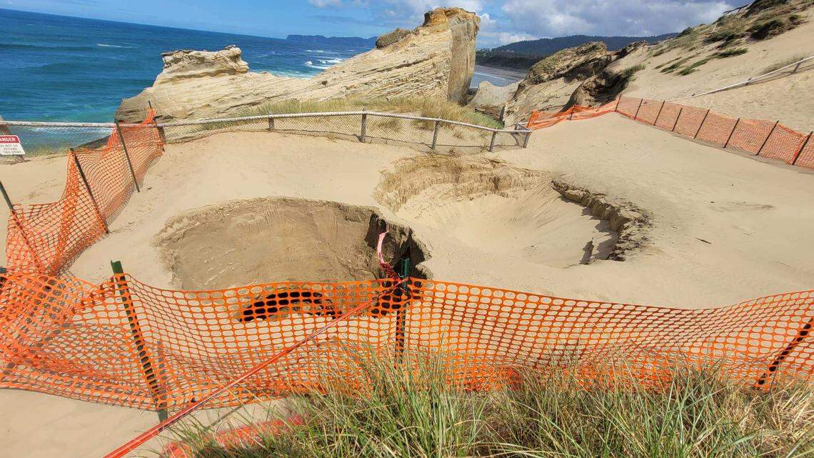 A second sinkhole formed inches away from another sinkhole May 8 at the Cape Kiwanda State Natural Area, park officials said. The latest sinkhole is 10 feet wide and 30 feet deep.