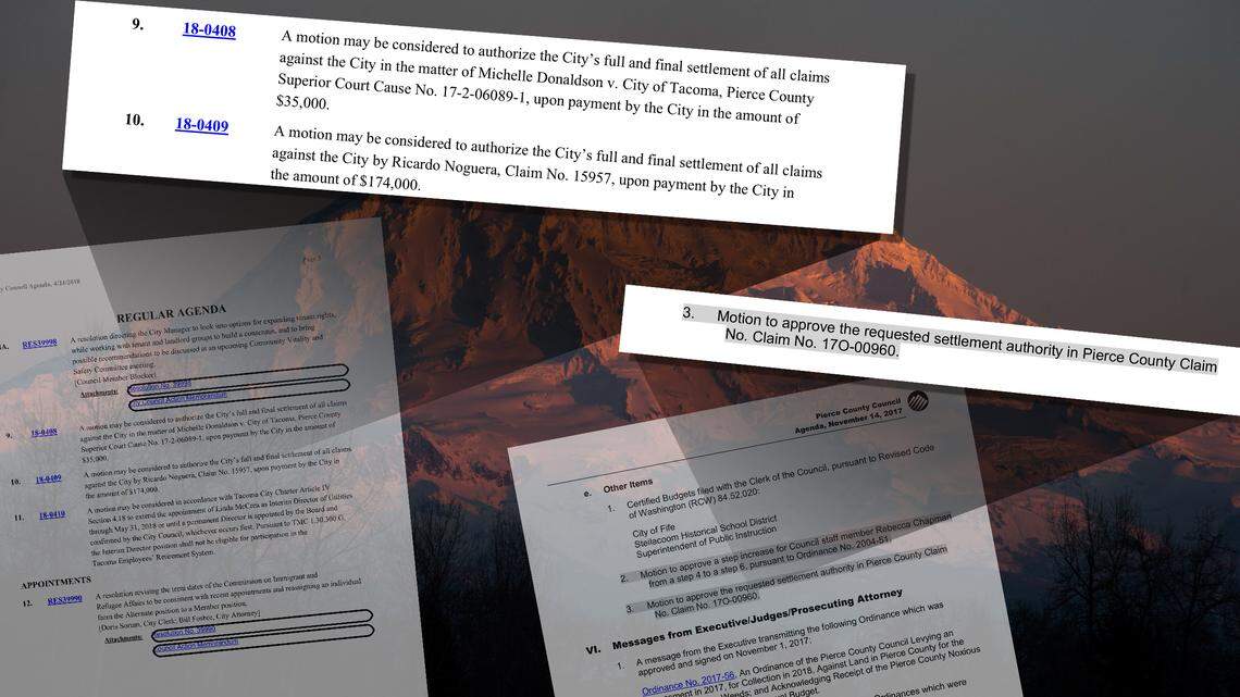 A Tacoma City Council meeting agenda from April 24, 2018 (upper left) shows how the city informs the public about legal settlements. The parties and the dollar amounts are listed prior to the council’s vote. A Pierce County Council meeting agenda from Nov. 14, 2017, shows a different approach. No amounts or parties are listed. The claim refers to “settlement authority” without specifics. The county claim was settled on Nov. 17, 2017, for $680,000 -- a figure the public never saw.