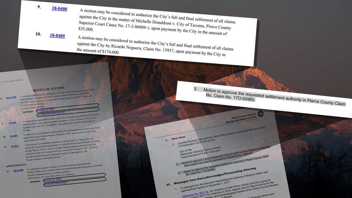 A Tacoma City Council meeting agenda from April 24, 2018 (upper left) shows how the city informs the public about legal settlements. The parties and the dollar amounts are listed prior to the council’s vote. A Pierce County Council meeting agenda from Nov. 14, 2017, shows a different approach. No amounts or parties are listed. The claim refers to “settlement authority” without specifics. The county claim was settled on Nov. 17, 2017, for $680,000 -- a figure the public never saw.