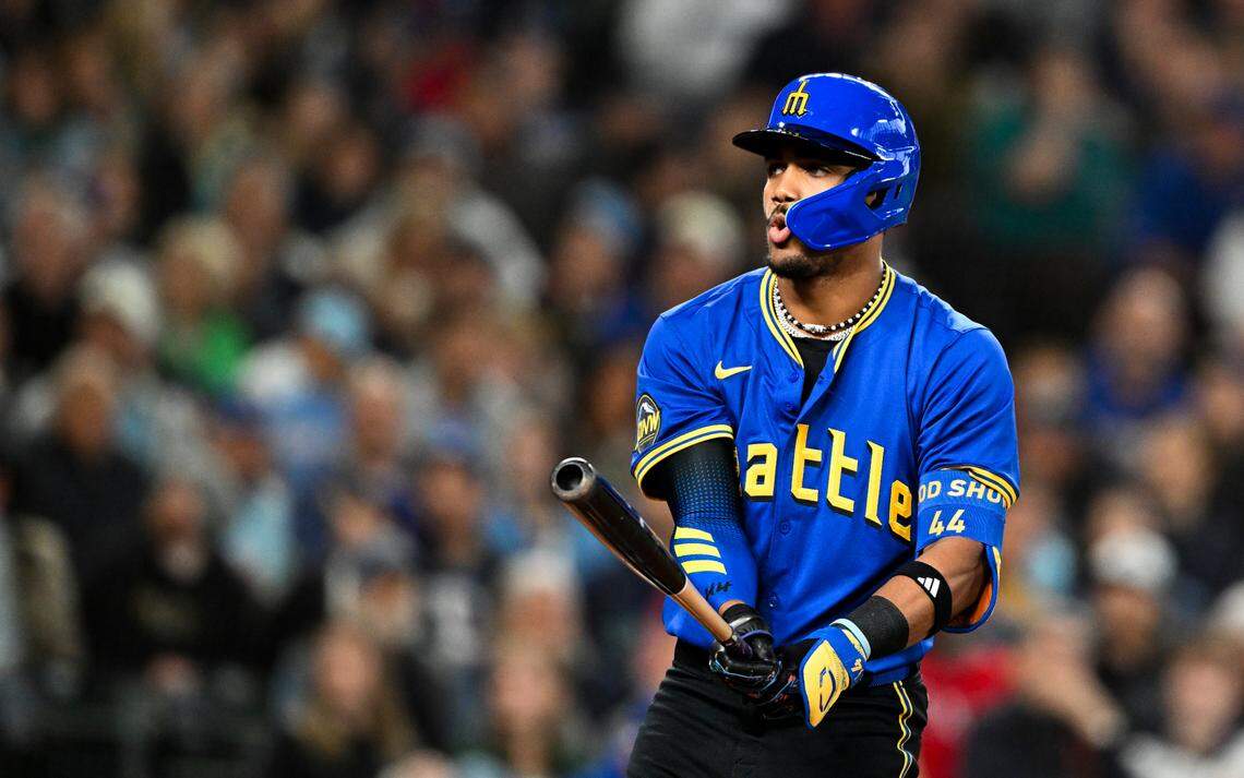 Seattle Mariners outfielder Julio Rodríguez (44) reacts a a ball that nearly hits him during the third inning of the game at T-Mobile Park, on Friday, June 14, 2024, in Seattle, Wash.