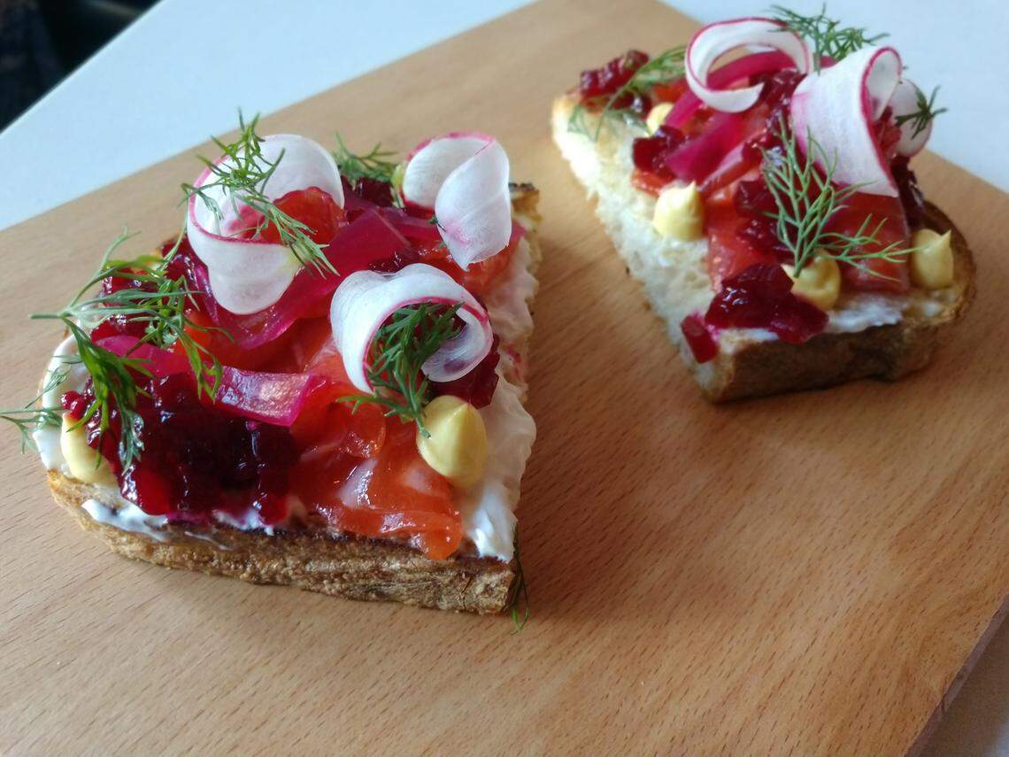 Salmon toast with beet relish from Wooden City in Tacoma.