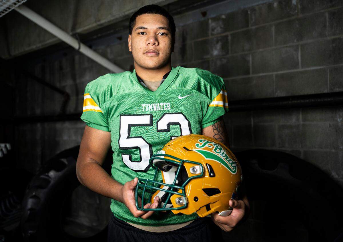 Tumwater senior Jeremy Hafoka poses for a portrait after being selected as a defensive lineman for The News Tribune’s 2022 All-Area football team, at Mount Tahoma High School in Tacoma, Wash. on Dec. 4, 2022.