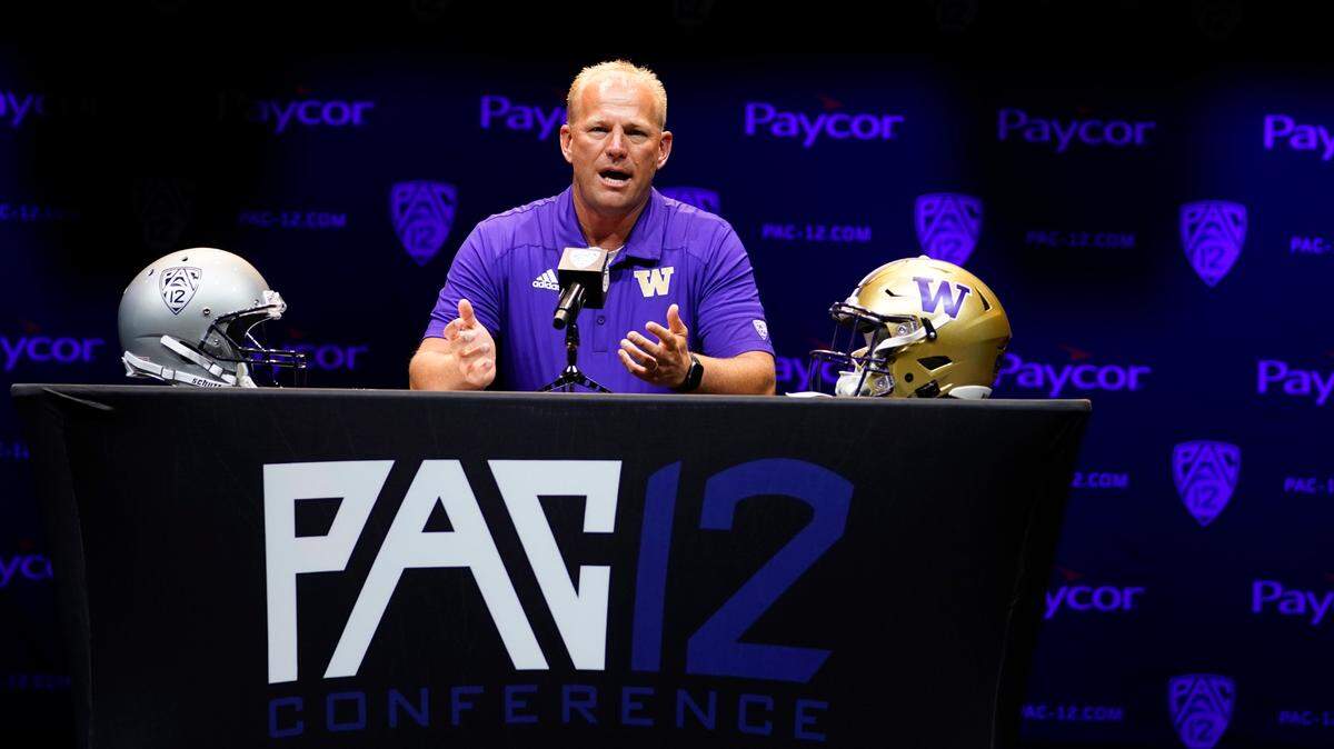 Washington head coach Kalen DeBoer speaks during Pac-12 Conference men’s NCAA college football media day Friday, July 29, 2022, in Los Angeles. (AP Photo/Damian Dovarganes)