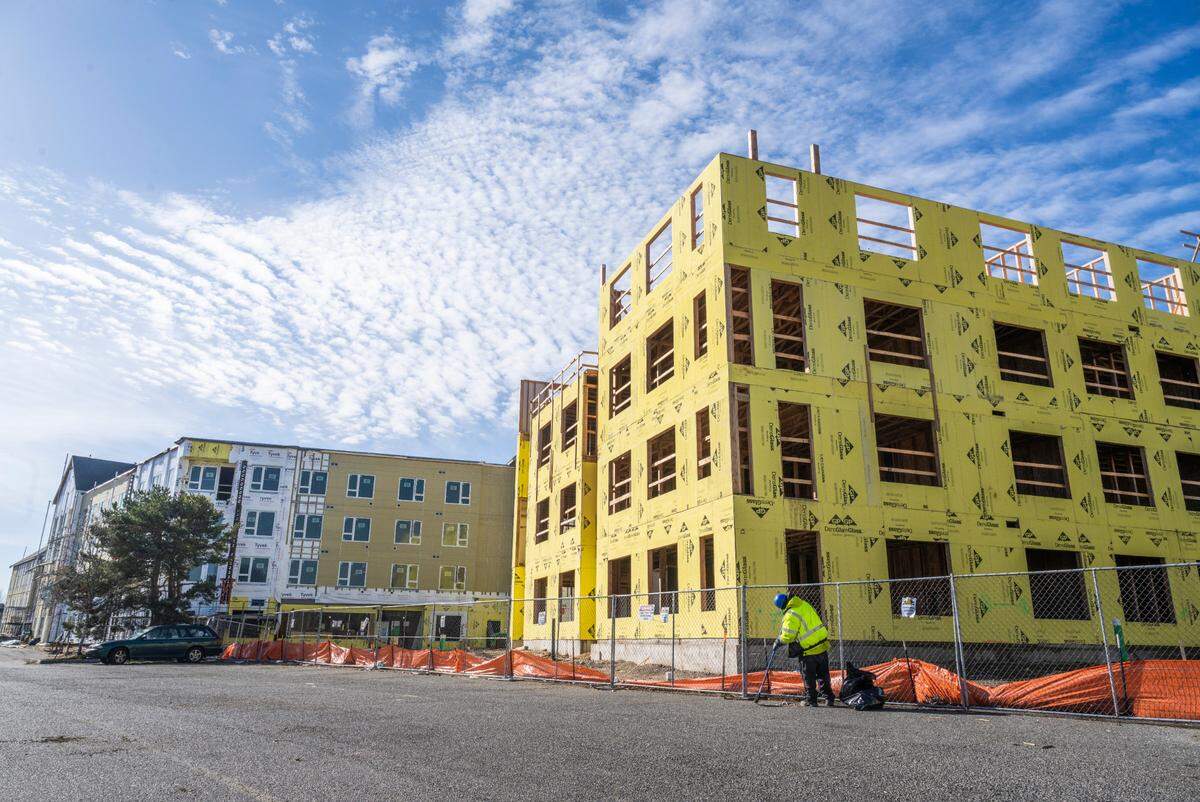 The site of the former Narrows Plaza Bowl and AMC Narrows Plaza 8 are undergoing redevelopment for a multi-building apartment project off Mildred Street West on the Tacoma/University Place border, Feb. 15, 2023.