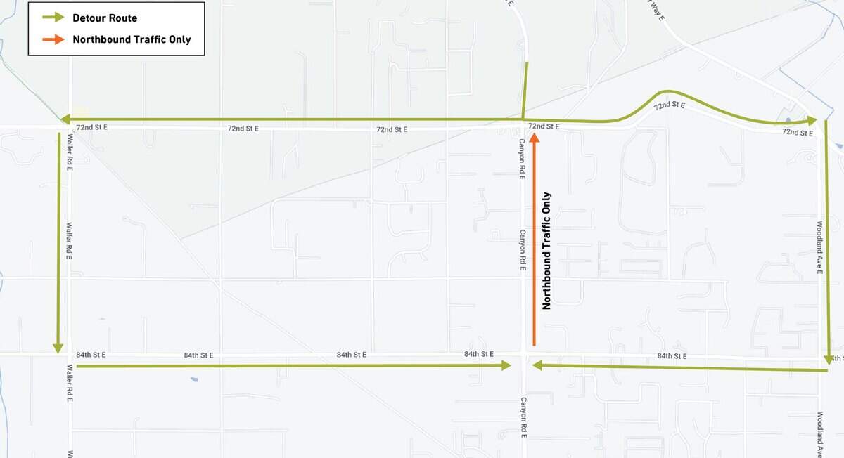The Pierce County Planning & Public Works department posted on social media that there will be a southbound detour on Canyon Road East between 84th Street East and 72nd Street East beginning Monday, June 12.