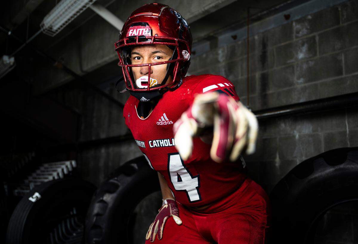 Kennedy Catholic senior Xe’ree Alexander poses for a portrait after being selected as a linebacker for the News Tribune’s 2022 all-area football team, at Mount Tahoma High School in Tacoma, Wash. on Dec. 4, 2022.