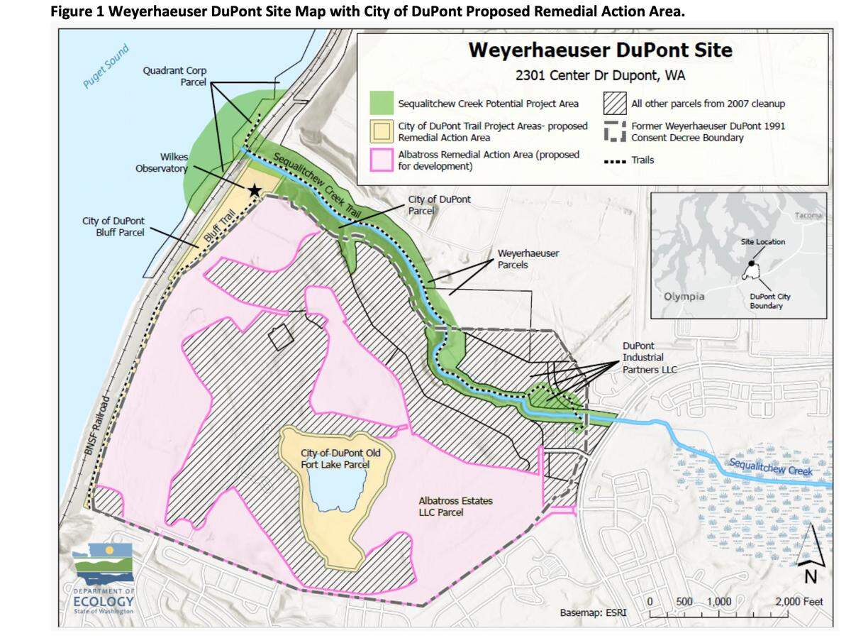 Areas of the Old Fort Lake Subarea owned by the city of DuPont are identified in orange.