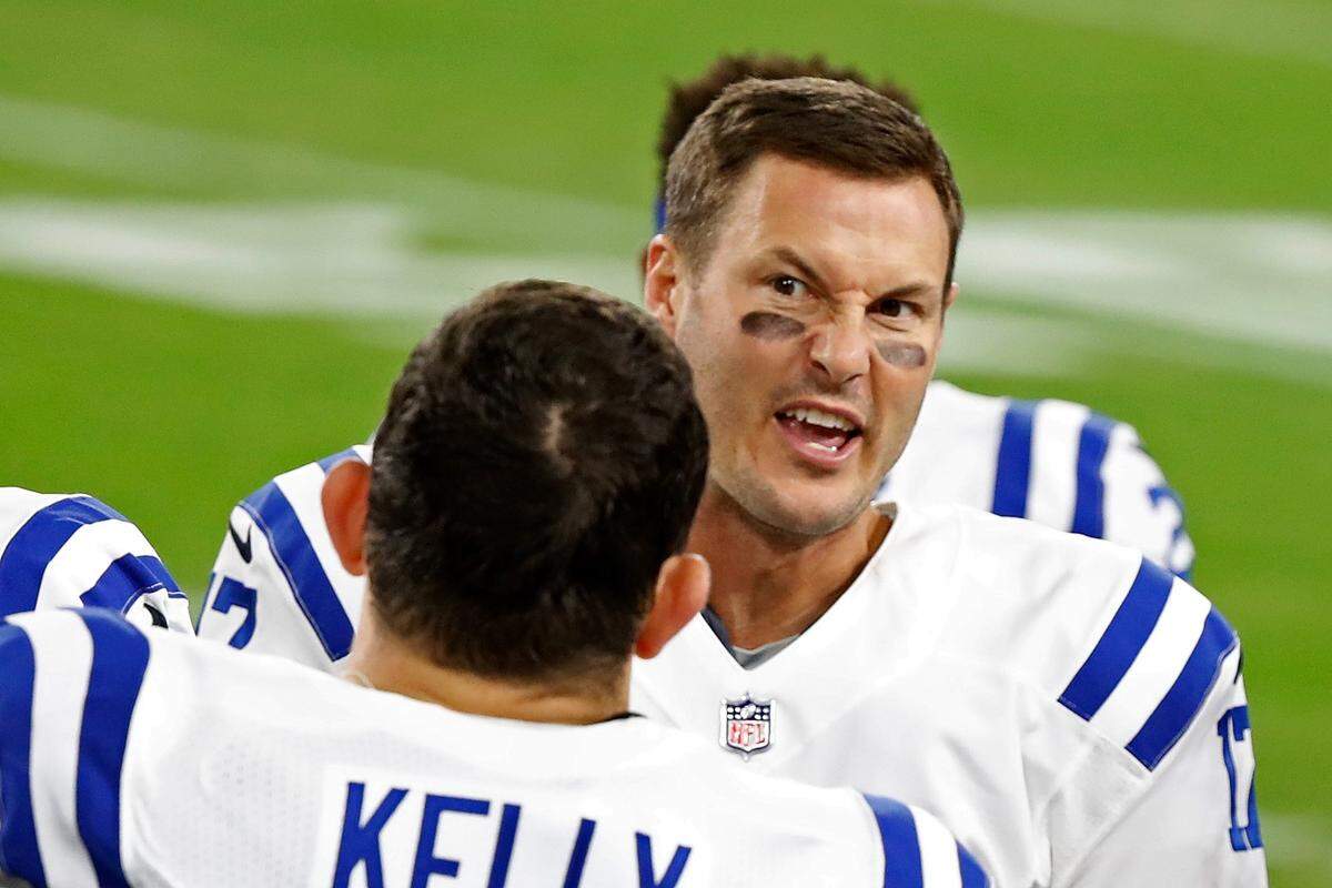 Philip Rivers #17 of the Indianapolis Colts speaks with teammates on the sideline during the first half against the Tennessee Titans at Nissan Stadium on November 12, 2020 in Nashville, Tennessee. The Colts signed the 44-year-old Rivers to their practice squad out of five years of retirement on Dec. 9, 2025. (Photo by Frederick Breedon/Getty Images)