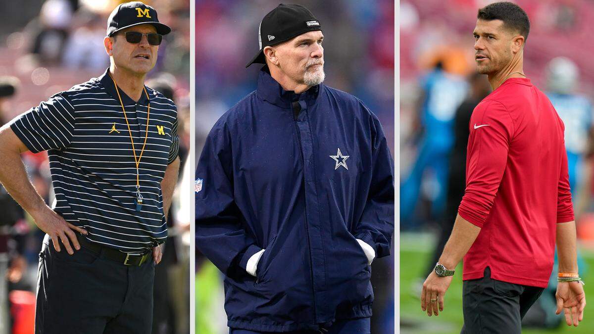 Potential replacements for Seahawks head coach Pete Carroll include: Michigan head coach Jim Harbaugh (left), Dallas Cowboys defensive coordinator Dan Quinn (center) and Tampa Bay Buccaneers offensive coordinator Dave Canales. Both Quinn and Canales have previously coached under Carroll for the Seahawks.