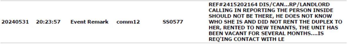 A law enforcement dispatcher’s record of a May 31 call from Qifan “Tony” Shi.