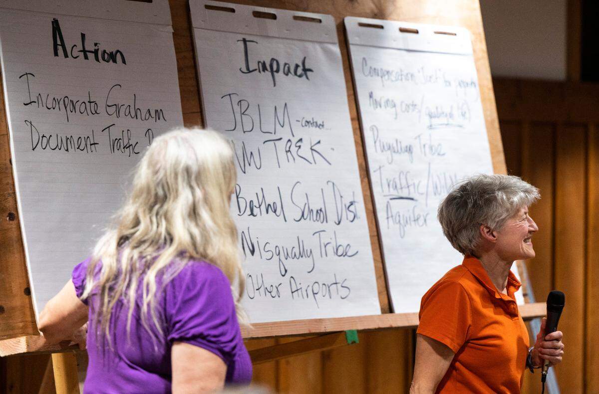 Dr. Shannon West, a Graham veterinarian, speaks to a crowd of about 125 people about the impacts a new airport would have on their community and actions they can take to prevent it from being built there, at a meeting at Frontier Park in Graham on Oct. 17, 2022.
