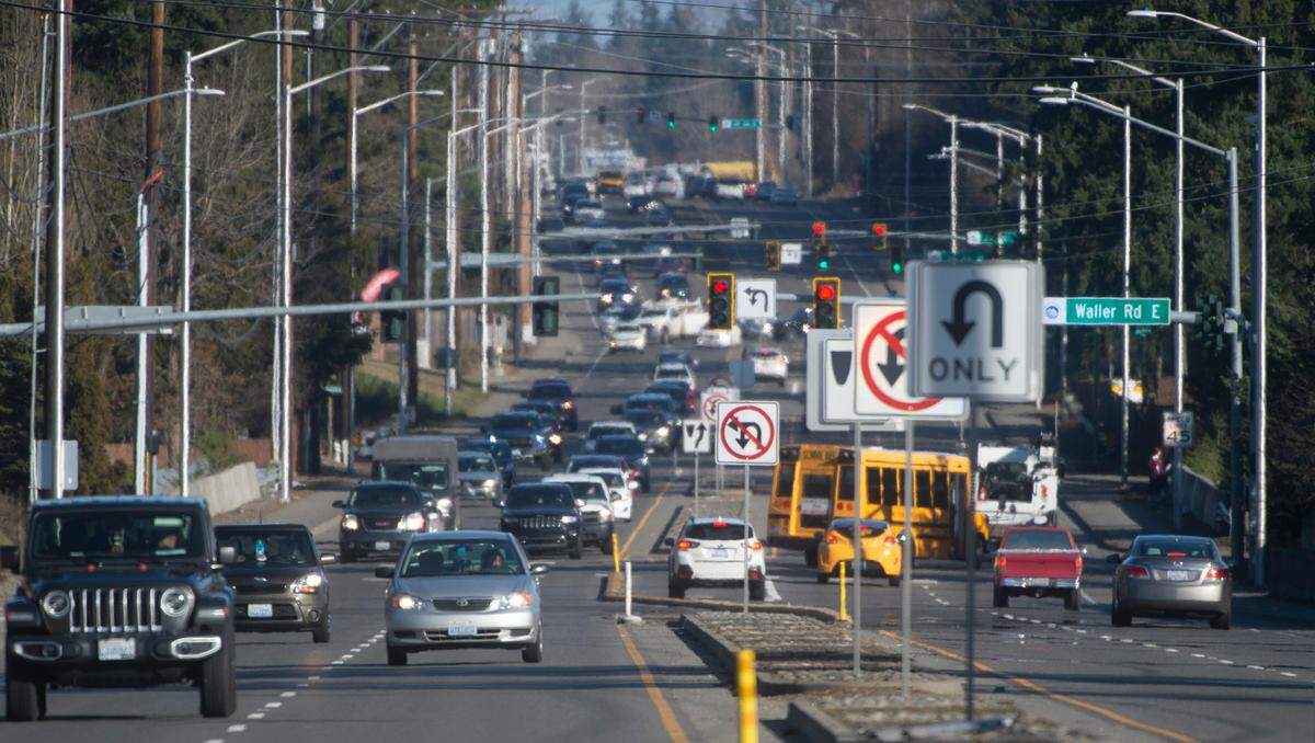 Traffic fills 176th Street through Fredrickson, Washington, on Wednesday, Feb. 23, 2022. The unicorporated area is being considered for consolidation with Parkland, Spanaway and neighboring communities into one large city.