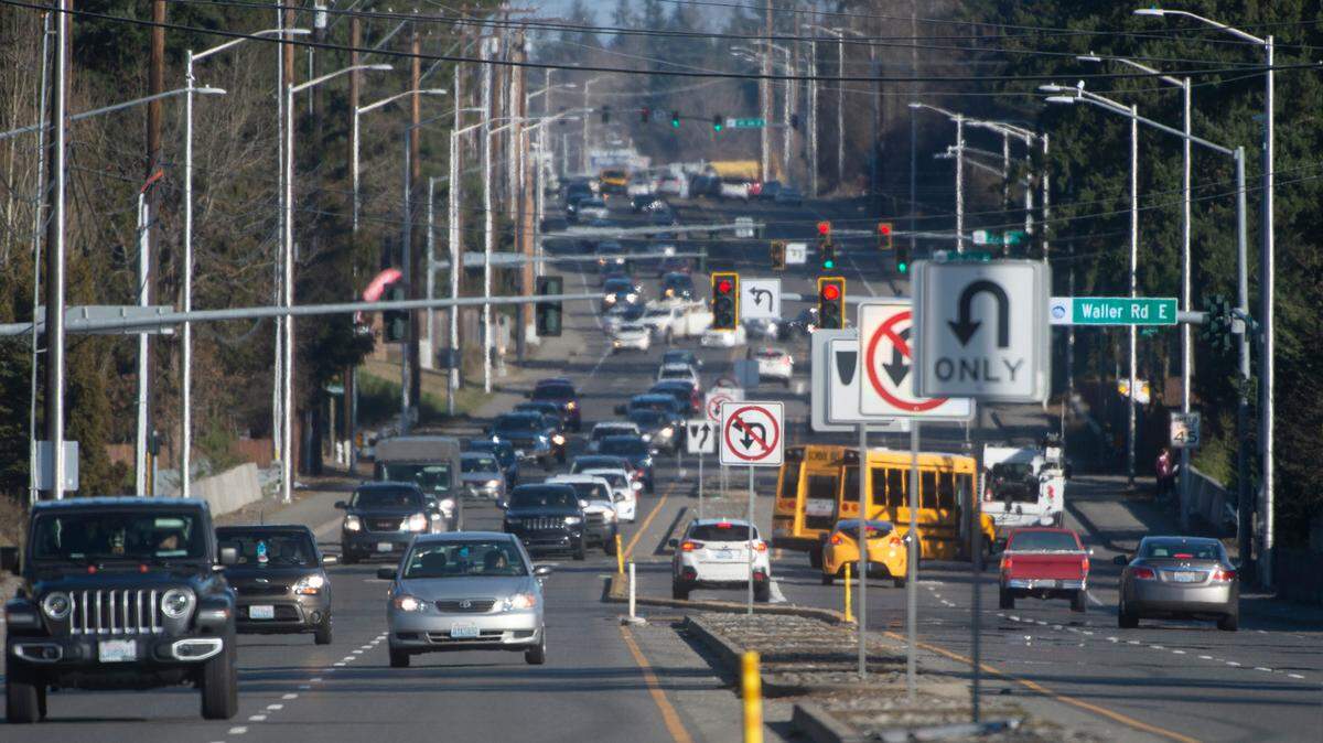 Traffic fills 176th Street through Fredrickson, Washington, on Wednesday, Feb. 23, 2022. A recent study shows that, should that area of Pierce County join with surrounding communities to form a city, it would have a difficult time raising enough revenue to provide services.