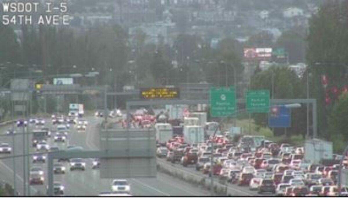 A WSDOT traffic camera shows traffic backed up at 54th Ave. East on southbound I-5 at 9 p.m. Thursday.
