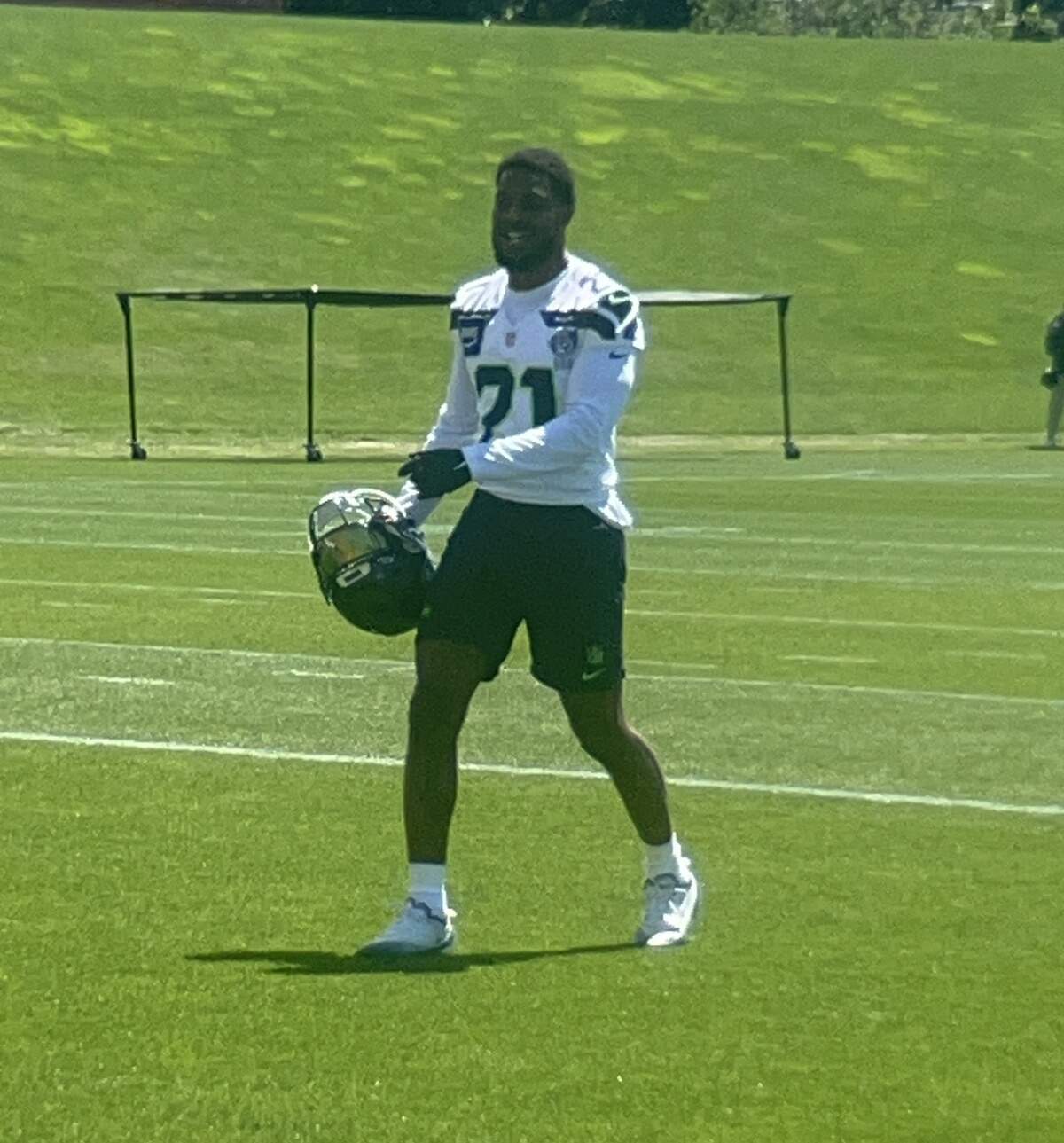 Pro Bowl cornerback Devon Witherspoon smiles at the start of the first practice of Seattle Seahawks NFL mandatory minicamp practice Tuesday, June 9, 2026, at the Virginia Mason Athletic Center in Renton.