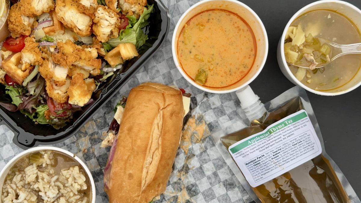 Chantel Jackson, known as The World’s Lunch Lady and The Singing Chef, opened her Thyme Well Spent lunch cafe at 5608 S. Park Ave. in Tacoma. The menu offers three soups daily, sandwiches, salads (here, the chicken-and-waffle with maple vinaigrette), homemade desserts and iced tea coolers.
