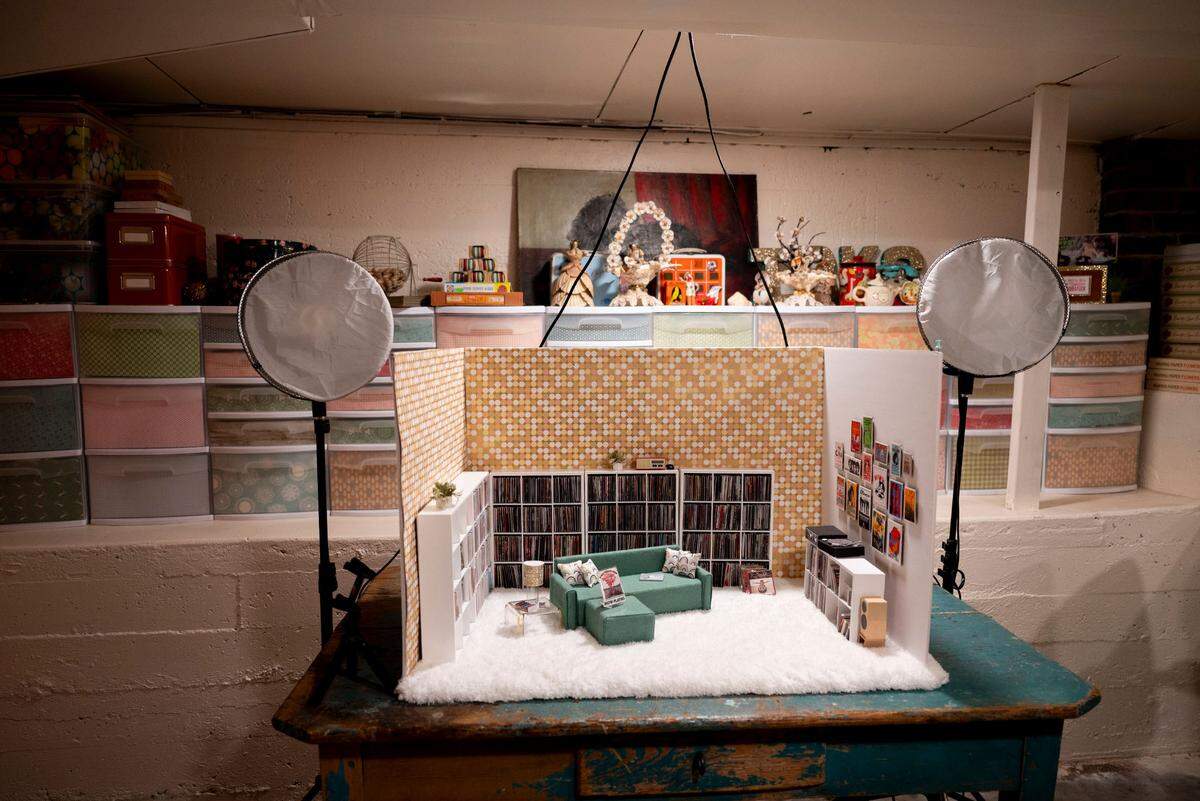 Laurie Cinotto’s Teeny Tiny Vinyl record collection in her basement, on Wednesday, April 17, 2024, in Tacoma. What started as a gift for a friend has miniaturized her passion for vinyl.