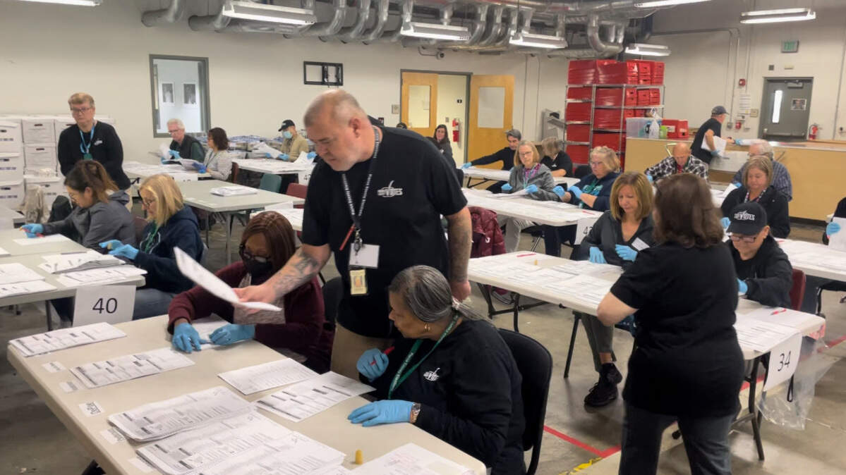 Pierce County election workers sort through ballots in this 2024 file photo.