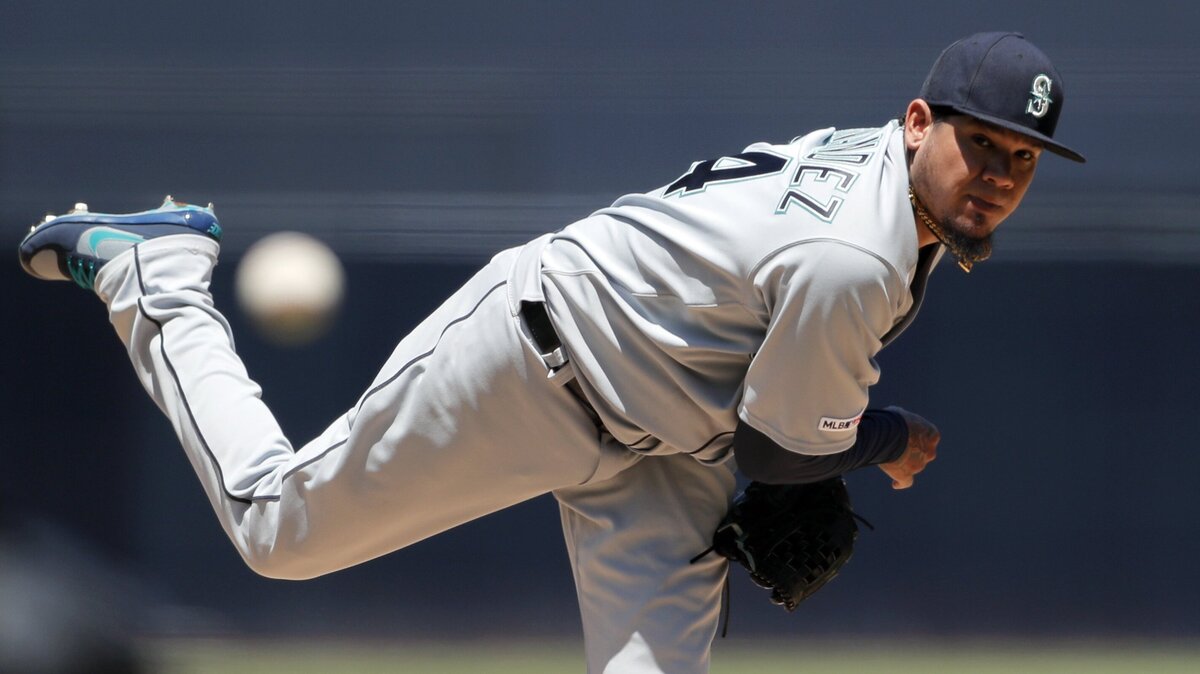 Seattle Mariners starting pitcher Felix Hernandez works against a San Diego Padres batter during the first inning of a baseball game Wednesday, April 24, 2019, in San Diego. (AP Photo/Gregory Bull)