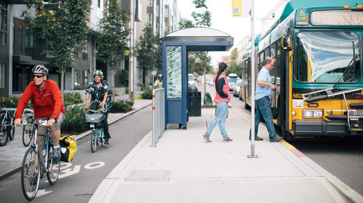 Pierce Transit bus stops along South Pine Street would become “floating bus stops” like this example in from Seattle, according to Sound Transit. Bike lanes are built between sidewalks and the bus stops, creating more protection for bicyclists and pedestrians.