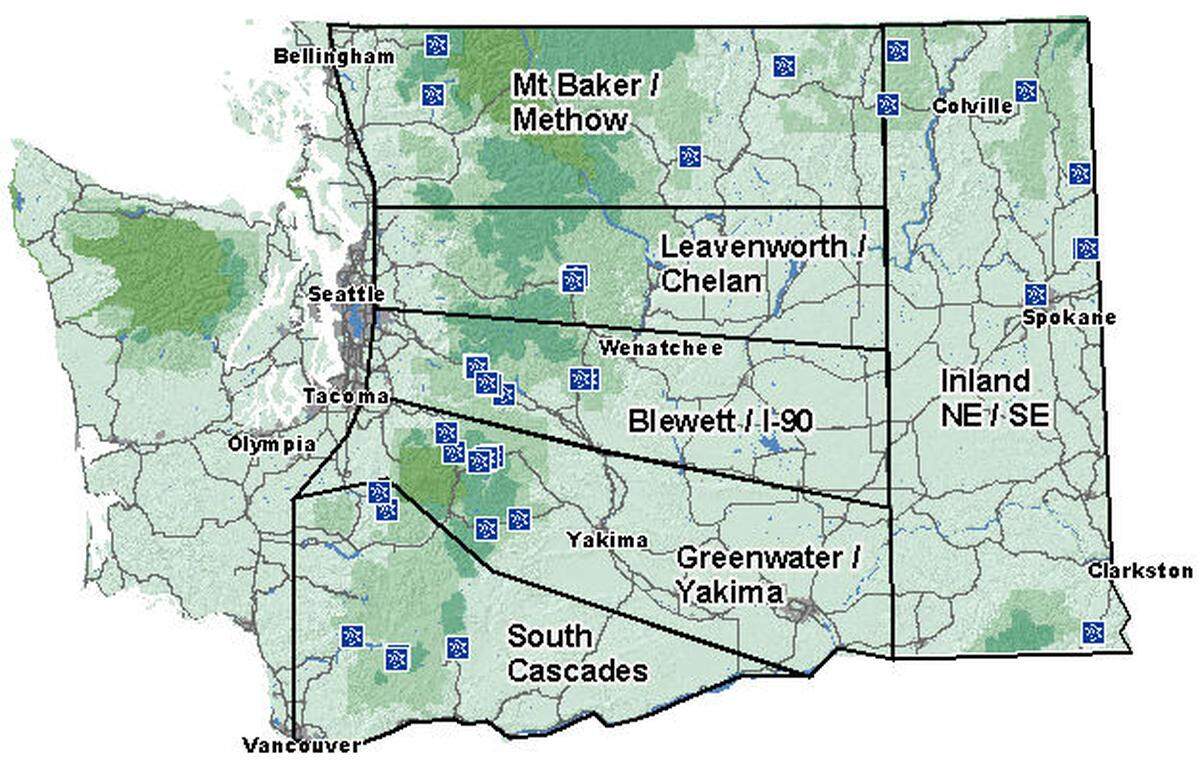 A map of non-motorized Sno-Park locations across Washington state. More than 120 locations exist for Sno-Parks statewide, motorized included.