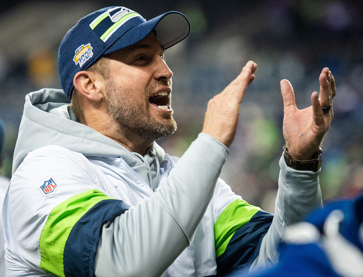 Offensive coordinator Brian Schottenheimer celebrates the Seahawks’ win. The Seattle Seahawks played the Minnesota Vikings in a NFL football game at CenturyLink Field in Seattle, Wash., on Monday, Dec. 2, 2019.