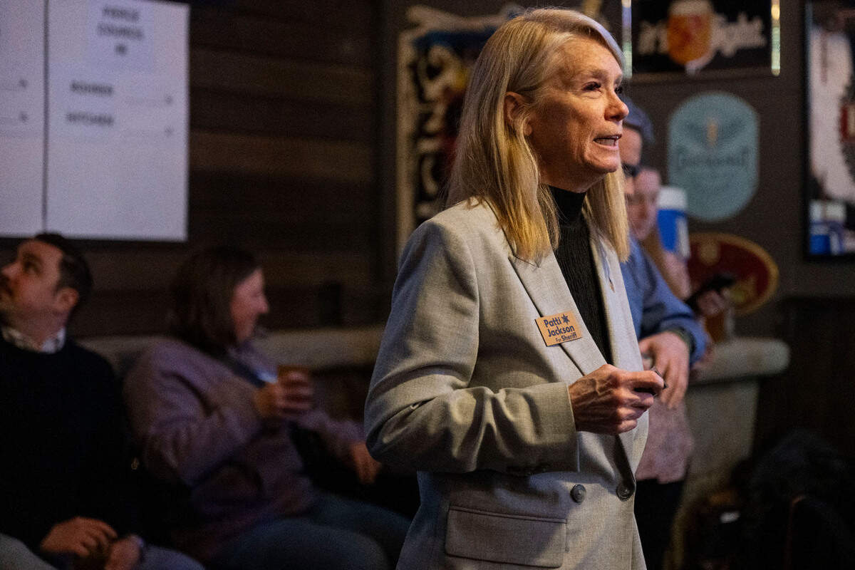 Pierce County Sheriff candidate Patti Jackson talks to her supporters after early results came in during a watch party on Tuesday, Nov. 5, 2024 in Tacoma, Wash.
