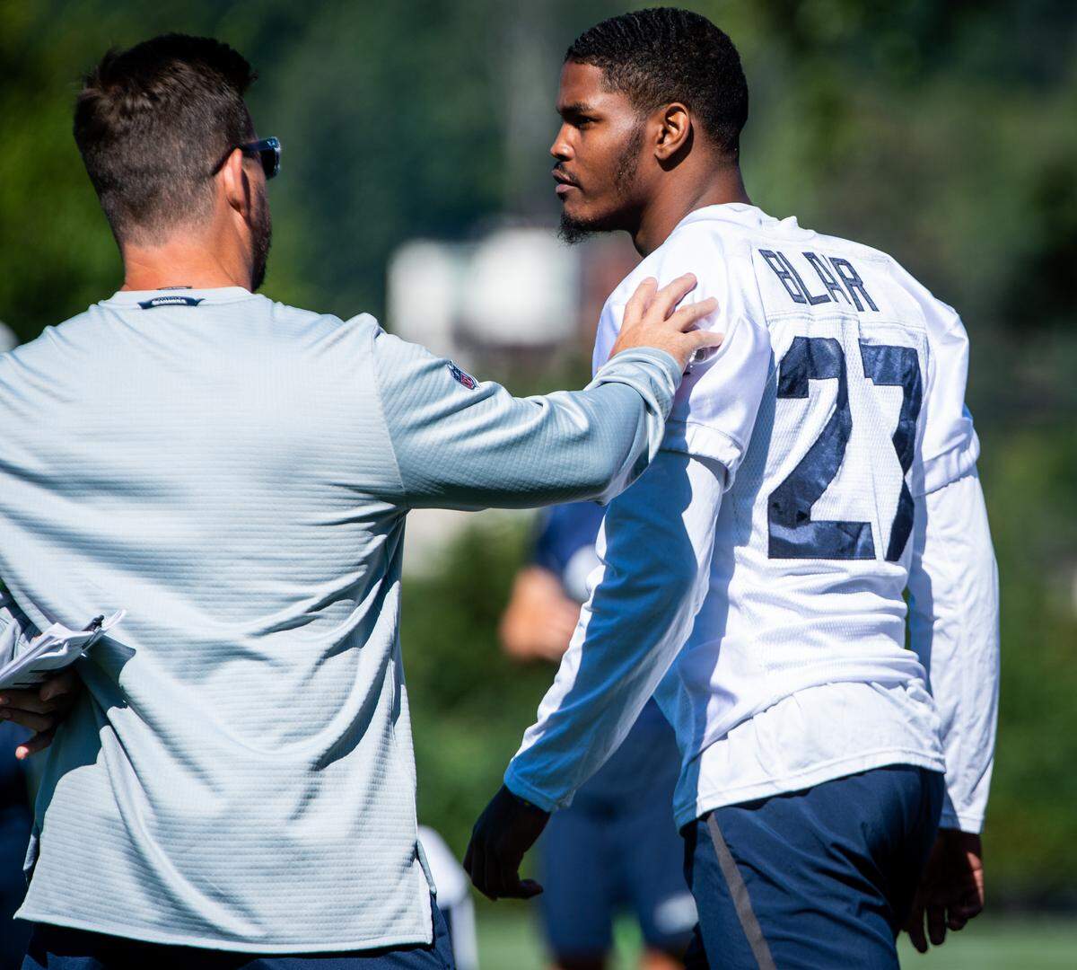Marquise Blair walks the field during the Seattle Seahawks training camp at the Virginia Mason Athletic Center in Renton, Wash., on Thursday, July 25, 2019.