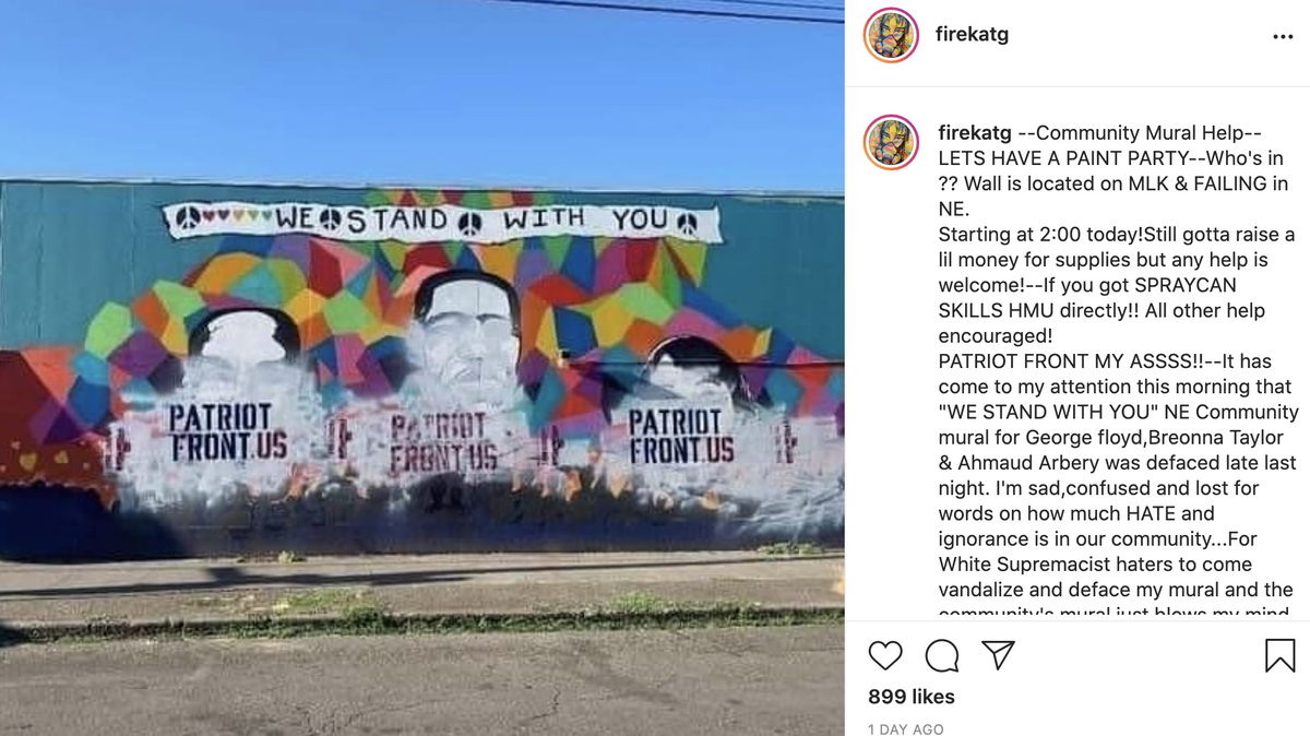 A mural honoring Breonna Taylor and George Floyd in Portland, Oregon was defaced with the words Patriot Front, a white nationalist group. Screengrab from Firekat on Instagram