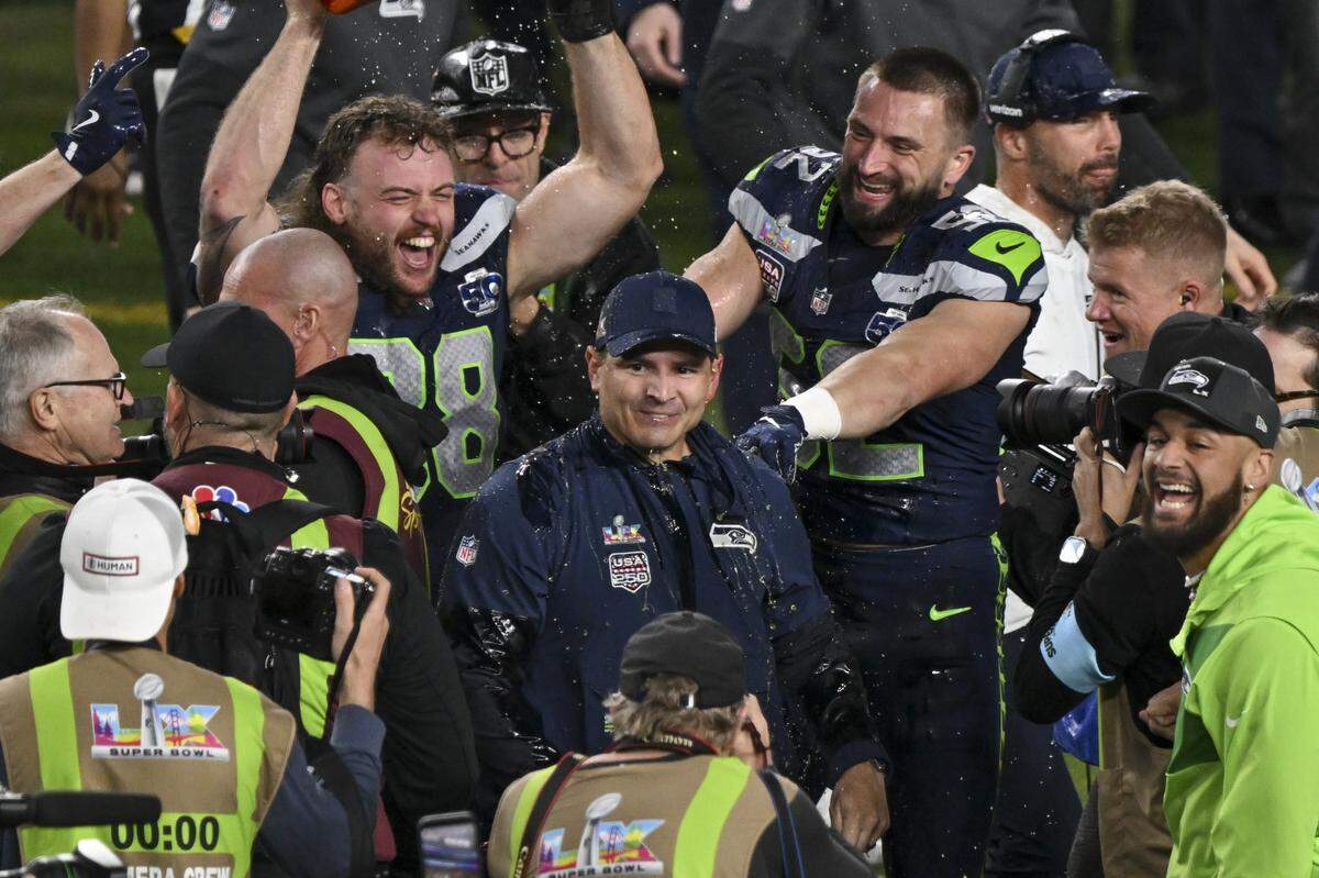 Seattle Seahawks head coach Mike Macdonald reacts after the Seahawks win Super Bowl LX at Levi’s Stadium in Santa Clara on Sunday, Feb. 8, 2026.