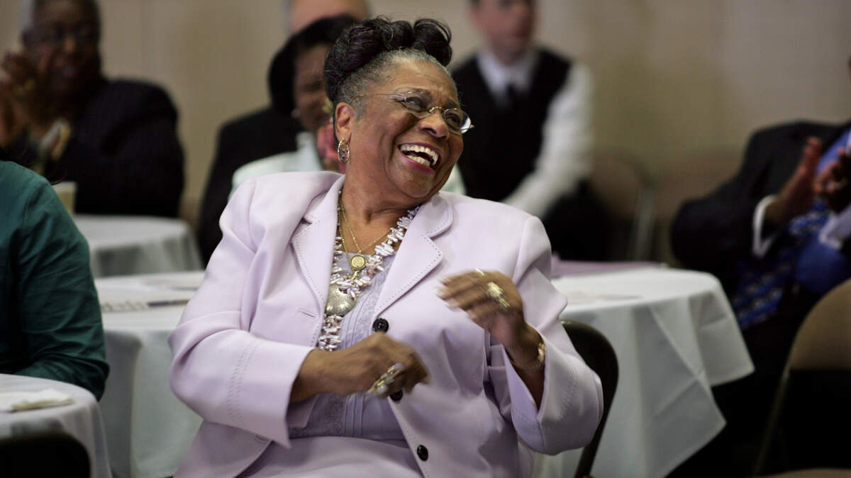 Lakewood Mayor Dr. Claudia Thomas laughs during a community reception in her honor Sunday, Sept. 17, 2006 at Pierce College in Lakewood, Wash. Thomas was honored for her lifetime commitment to public service and being the first female black mayor in the state. She passed away May 12 at age 87.