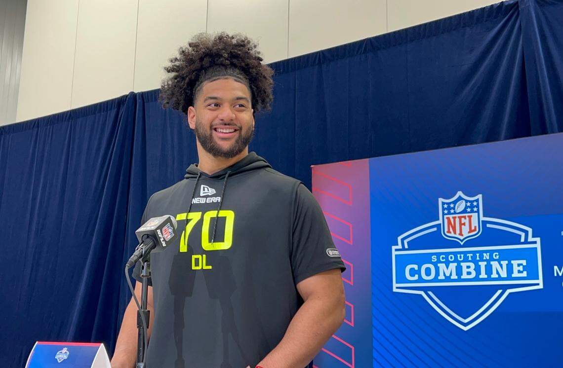 Tacoma-born, Edgewood-raised defensive tackle JT Tuimoloau from Eastside Catholic High School and Ohio State was all smiles inside the Indiana Convention Center Feb. 26, 205, talking to the media at the NFL scouting combine. His length plus abilities to read then beat blocks make him a top defensive-lineman prospect.
