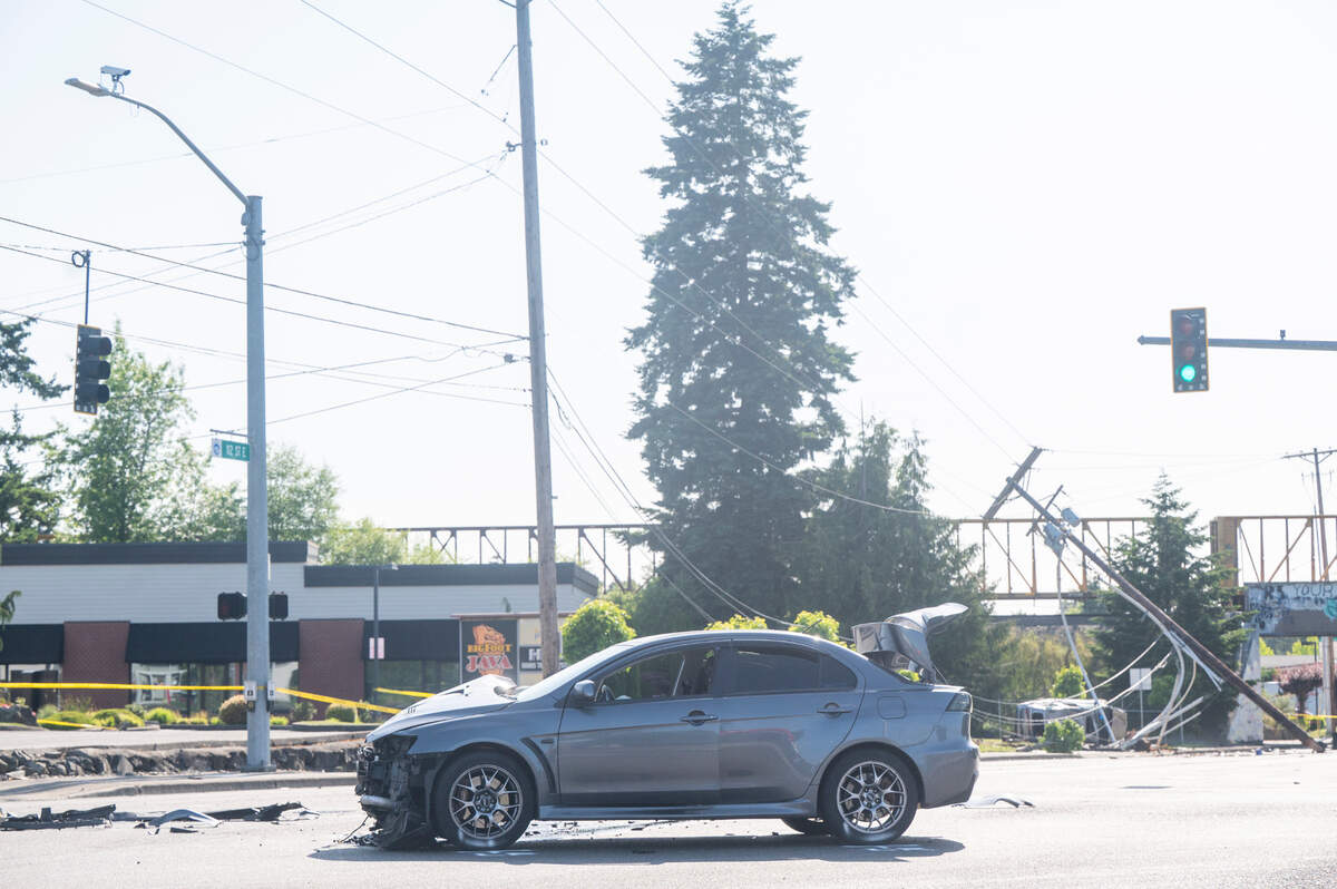 The scene of a crash near 112th Street East and Portland Avenue East, that left one dead and several others injured, on Tuesday, June 3, 2025, in Tacoma, Wash.