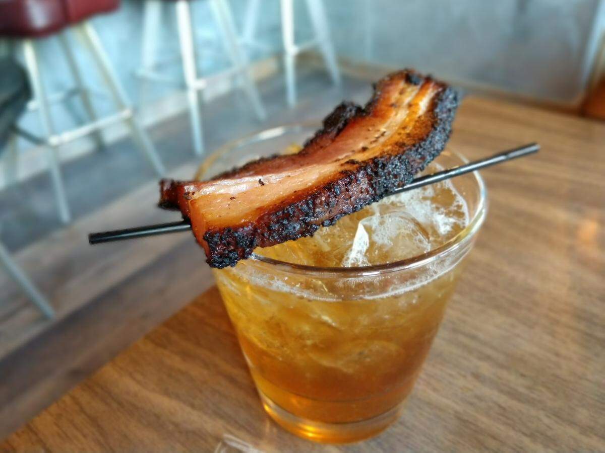The bacon cocktail, an old fashioned topped with char siu, from Brimstone PNW.