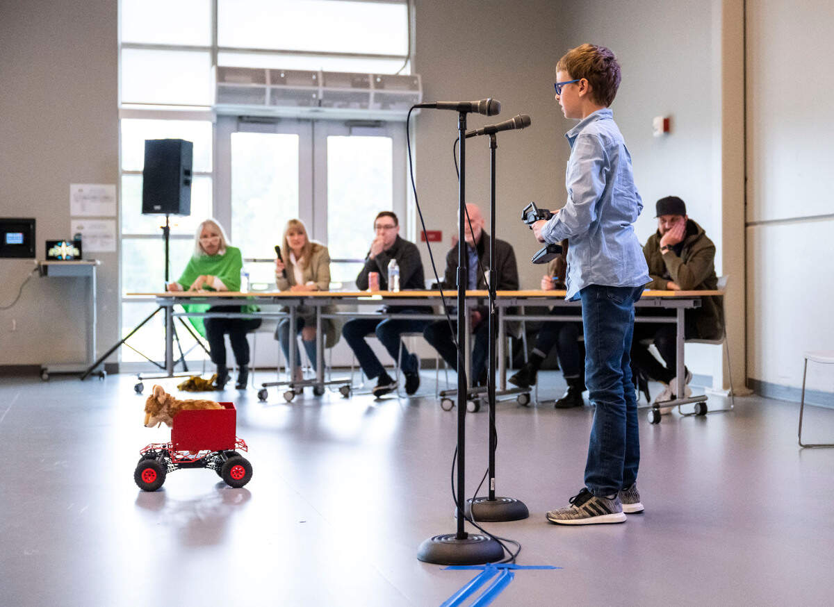 Pioneer Elementary fifth grader Jeremy N. presents his invention called “Pet Car” to his peers while competing in the 2023 3D Print & Design “Shark Tank” Competition at the school in Gig Harbor, Wash. on May 5, 2023. Jeremy won first place and became Pioneer Elementary’s innovator of the year.