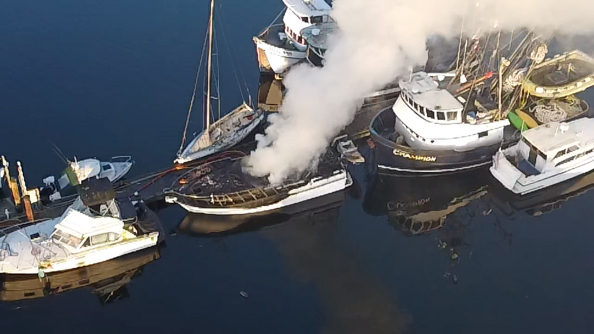 A view from above of the damaged boats after a dock fire broke out in Gig Harbor, Wash., on Saturday, Jan. 25, 2025.