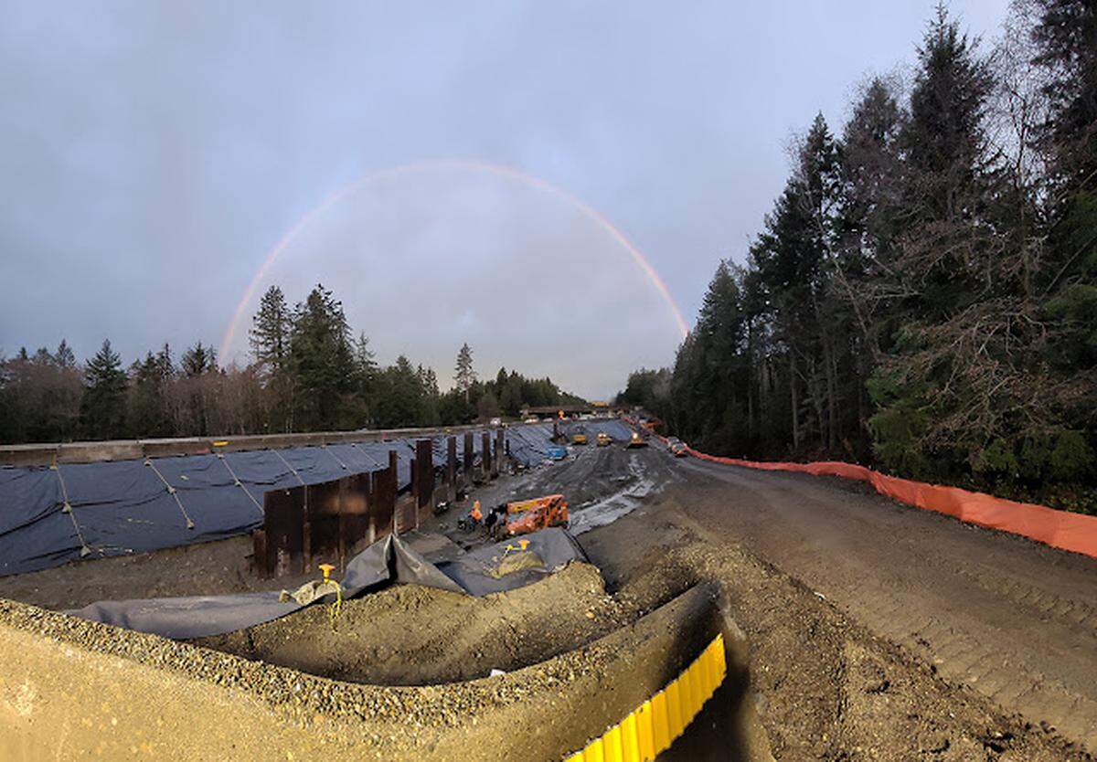 Crews excavate westbound state Route 16 to build the new bridge. Work to remove SR 16 fish culverts began in the fall of 2022. The new westbound bridge opens Aug. 14, 2023. The second bridge for eastbound traffic is up next.