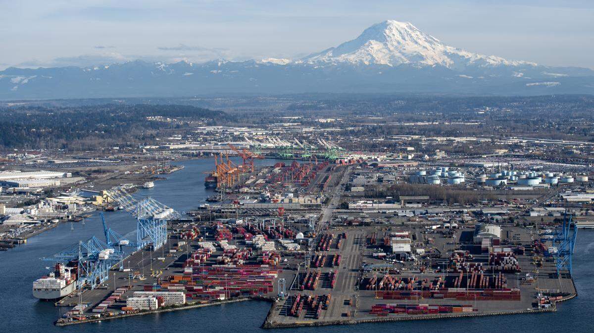 Port of Tacoma officials discuss current status of shipping at the port.