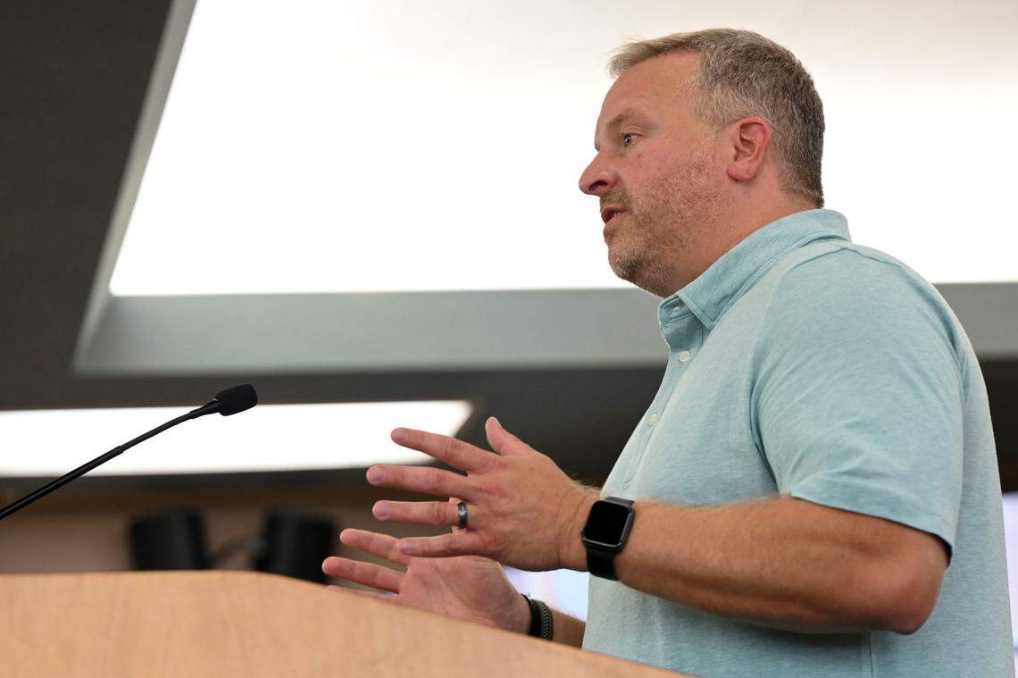 Tacoma Rescue Mission executive director Duke Paulson speaks during a Pierce County Council meeting, July 25, 2023, in Tacoma.