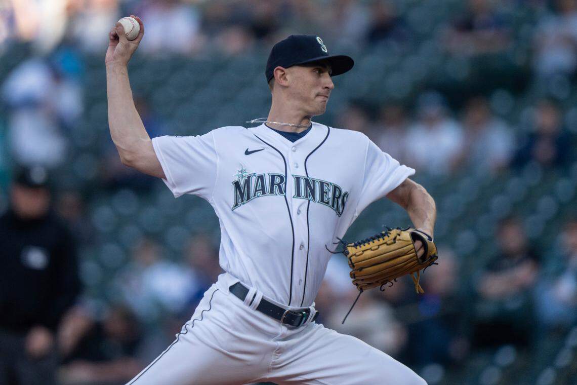 Seattle Mariners starter George Kirby delivers a pitch during a baseball game against the Texas Rangers, Tuesday, May 9, 2023, in Seattle. The Mariners won 5-0. (AP Photo/Stephen Brashear)