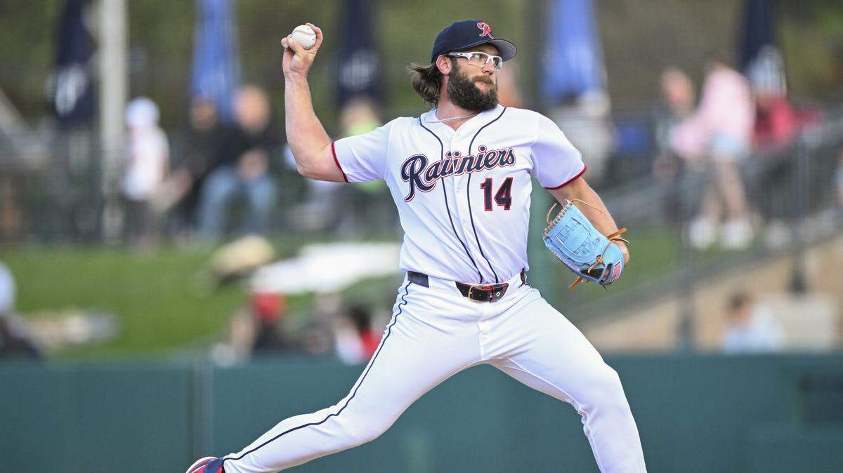 Tacoma Rainiers pitcher Randy Dobnak (14) throws a pitch early in game against the El Paso Chihuahuas on Tuesday, March 31, 2026, at Cheney Stadium in Tacoma, Wash.